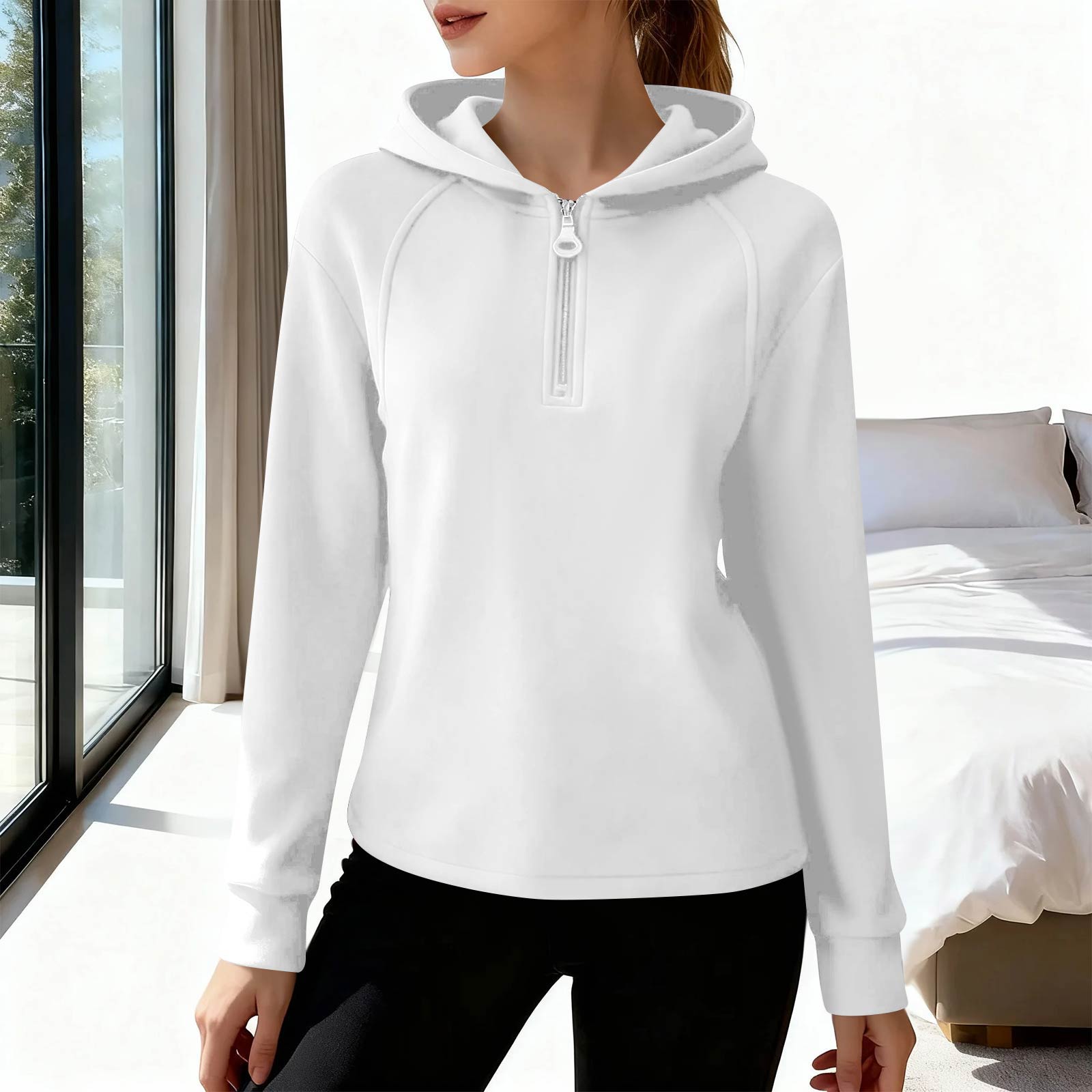 

Women s Casual Fashion German Velvet Warm Solid Color Half Zip Stand Collar Long Sleeve Top XL белый