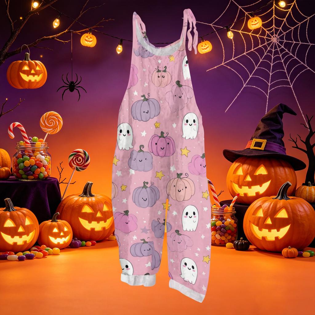 Women's Loose Fit Vintage Overalls Casual Jumpsuit Sleeveless Cotton Linen Blend Halloween Print Adjustable Strap