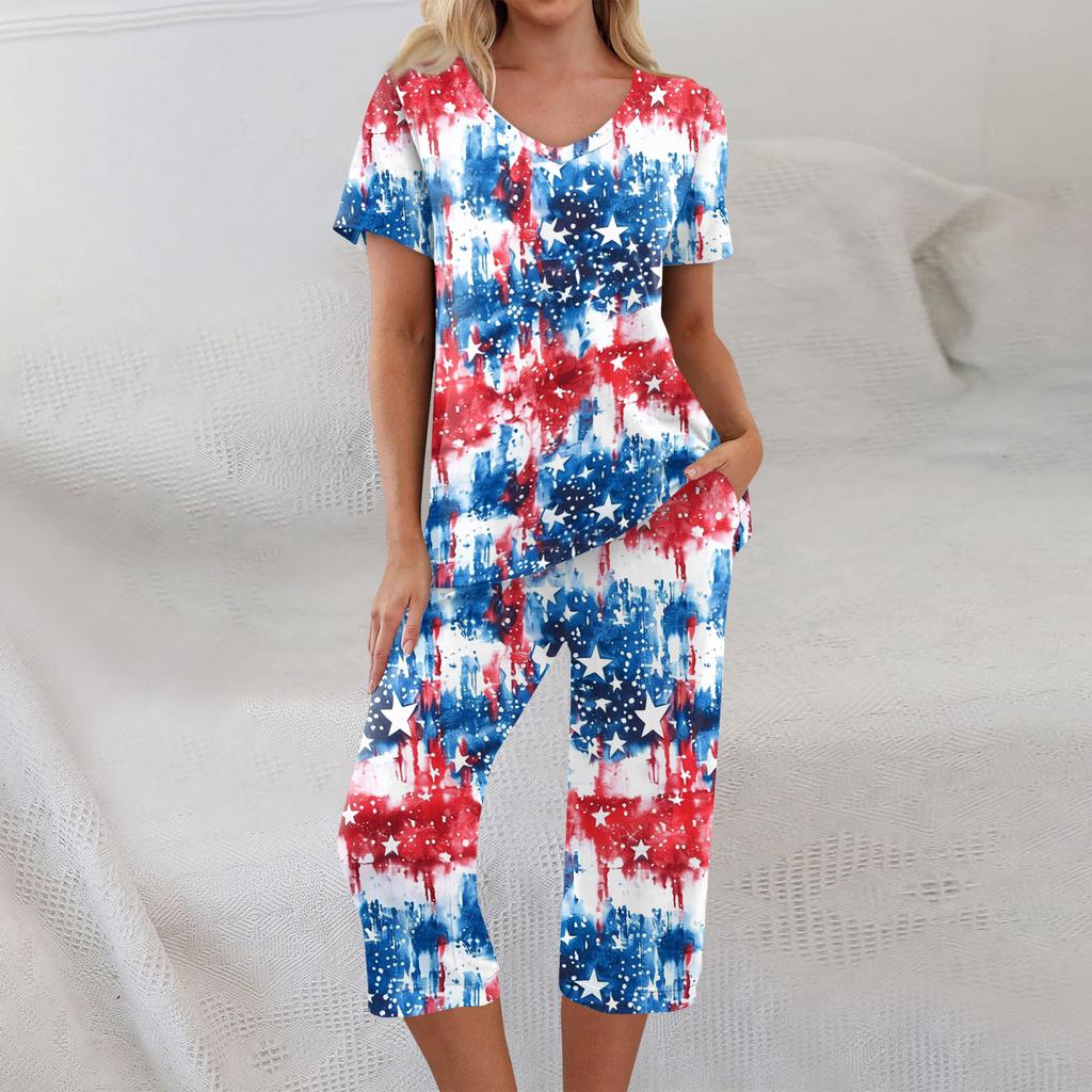 2 Piece Sets For Women Short Sleeve Top And Pants With Pockets Workout Soft Print Sets