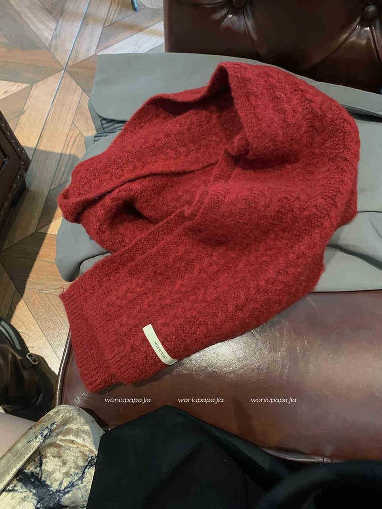 Winter Wool Soft Waxy Scarf Women'S Knitting Solid Color Retro Warm Thickened Windproof Shawl