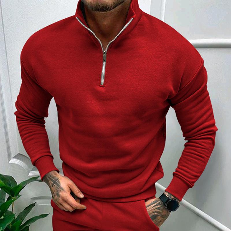 Autumn and Winter Men's Casual Padded Solid Colour Long-sleeved Half Zip POLO Stand-up Collar Top Man