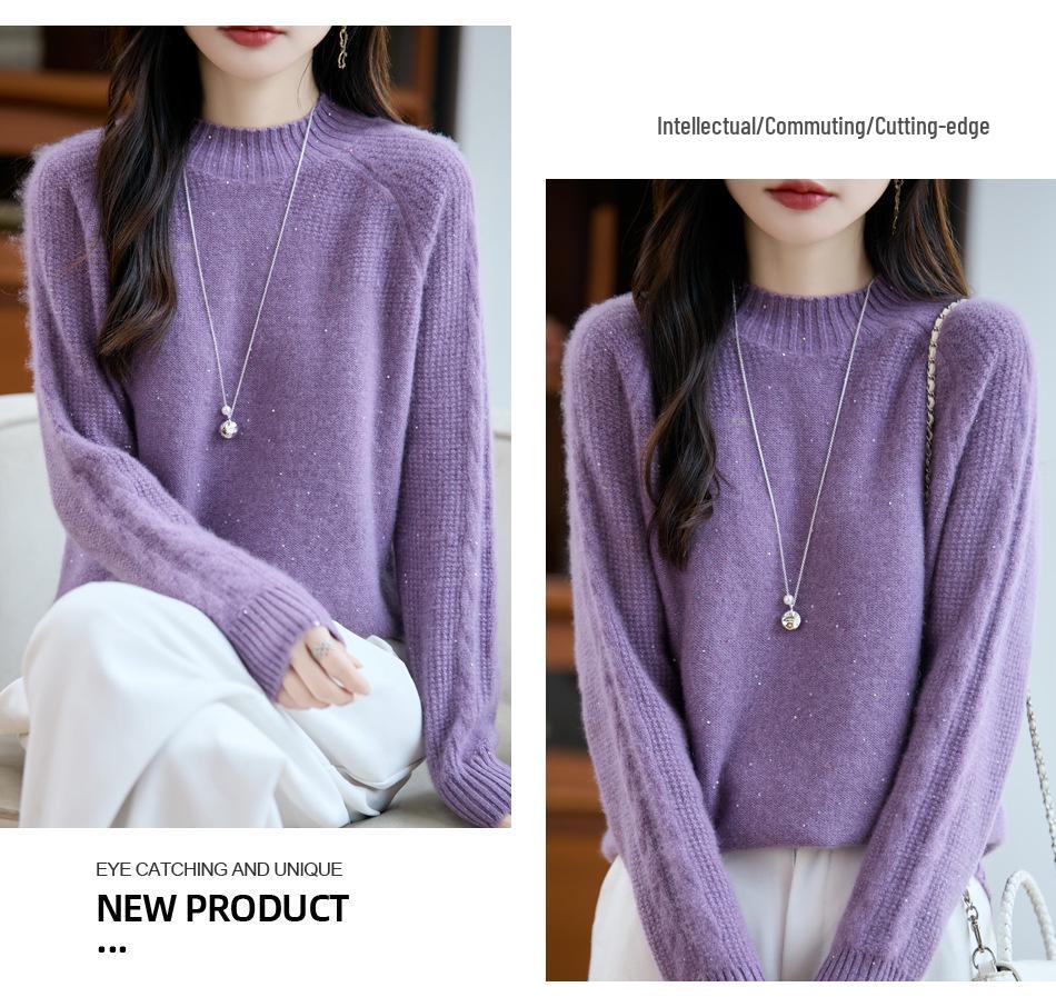 Autumn/Winter Wool High-Neck Knit Sweater with Colorful Sequins - Thickened & Loose Fit