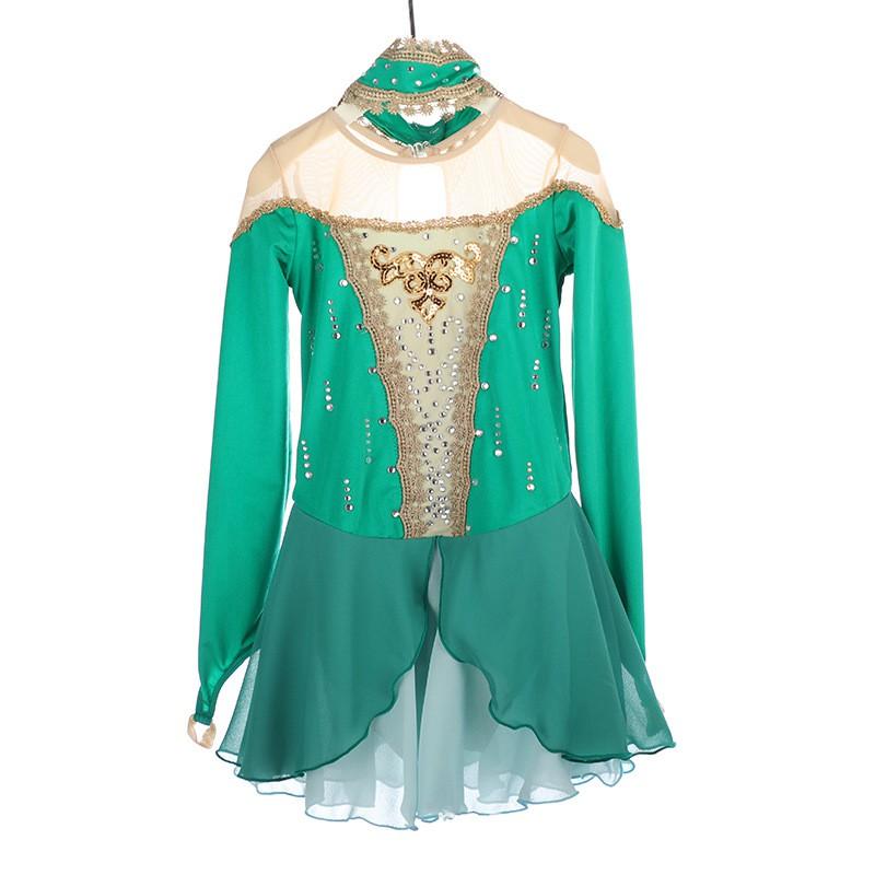 Girls Figure Skating Dress Performance Costume With Rhinestone Embellishment Green Light Blue Gold Trim Sweet Style