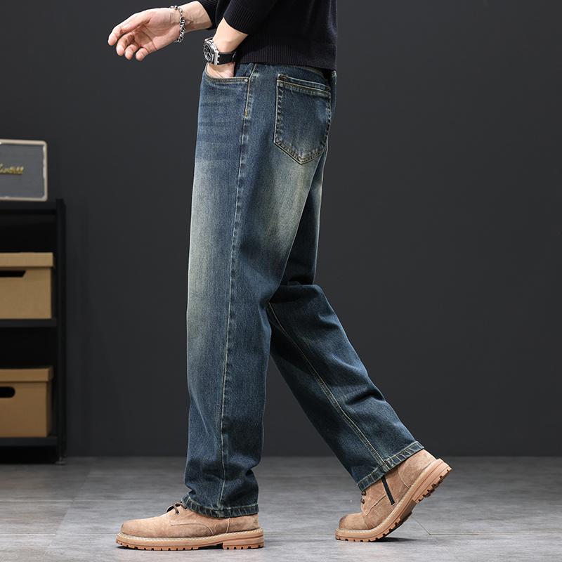 New Men's Loose and Slimming Trend Retro Washed Straight Leg Elastic Jeans