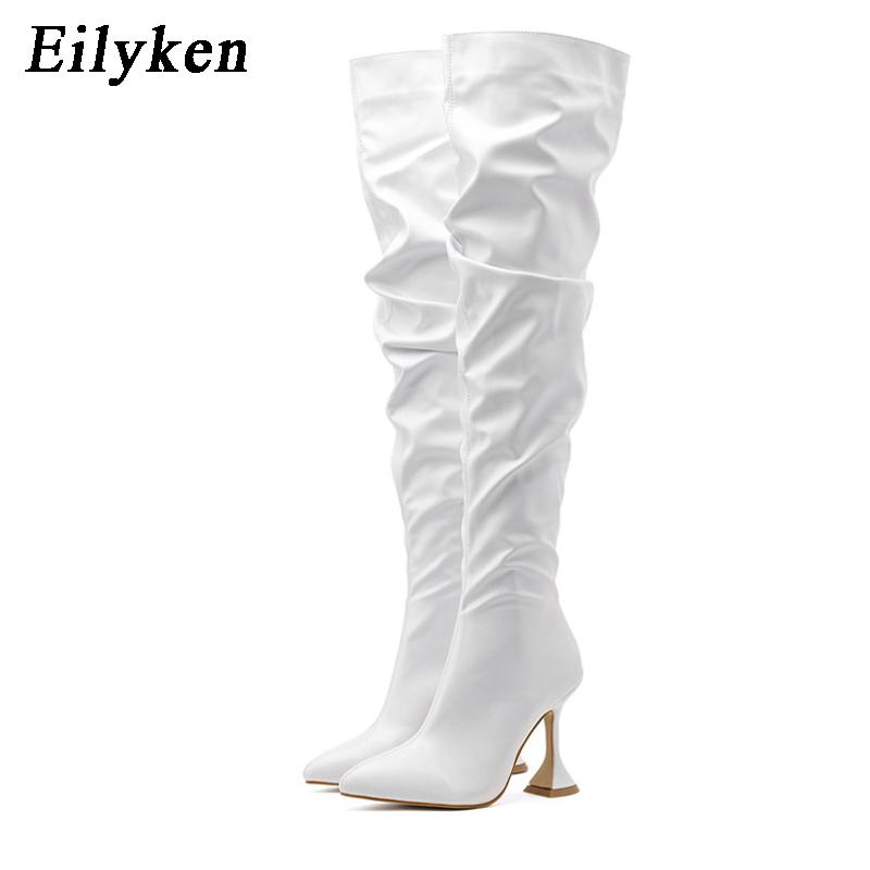 

Fashion Eilyken New Design Pleated Leather Over The Knee Boots Fashion Runway Strange High Heels Sexy Pointed Toe Zip Womans Shoes 35 белый