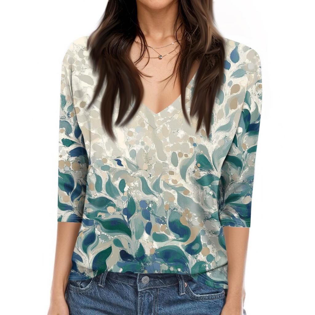 Women's Tops Three-quarter Sleeve Shirt V-neck Loose Casual Shirt Print T-shirt