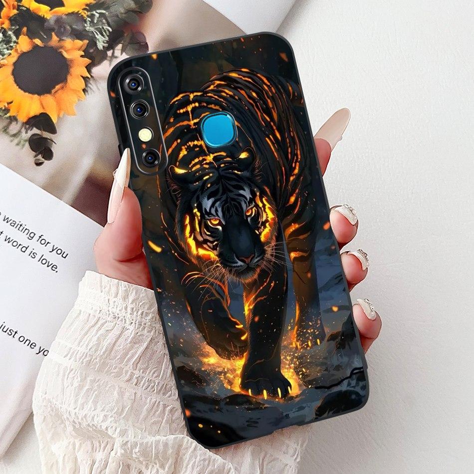 For Infinix Hot 8 Phone Case Hot 8 Lite Hot8 X650 X650C X650B X650D Elegant Floral Cat Pattern Black Silicone Soft TPU Cases