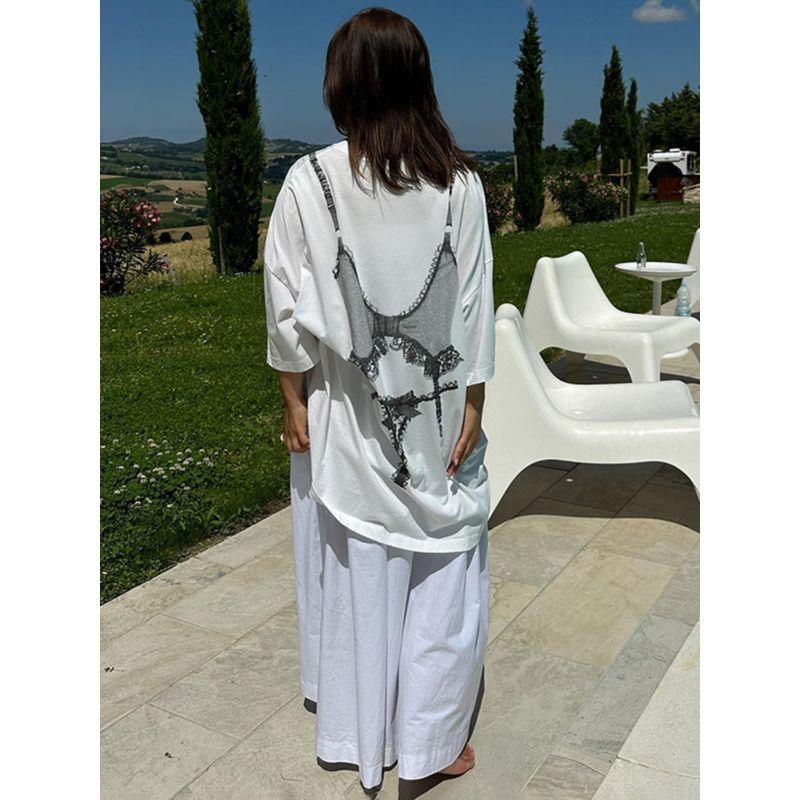 Kkx European and American Sexy Bikini Print White Short-Sleeved T-shirt Female Street Trend All-Match Casual Sexy Tops Summer