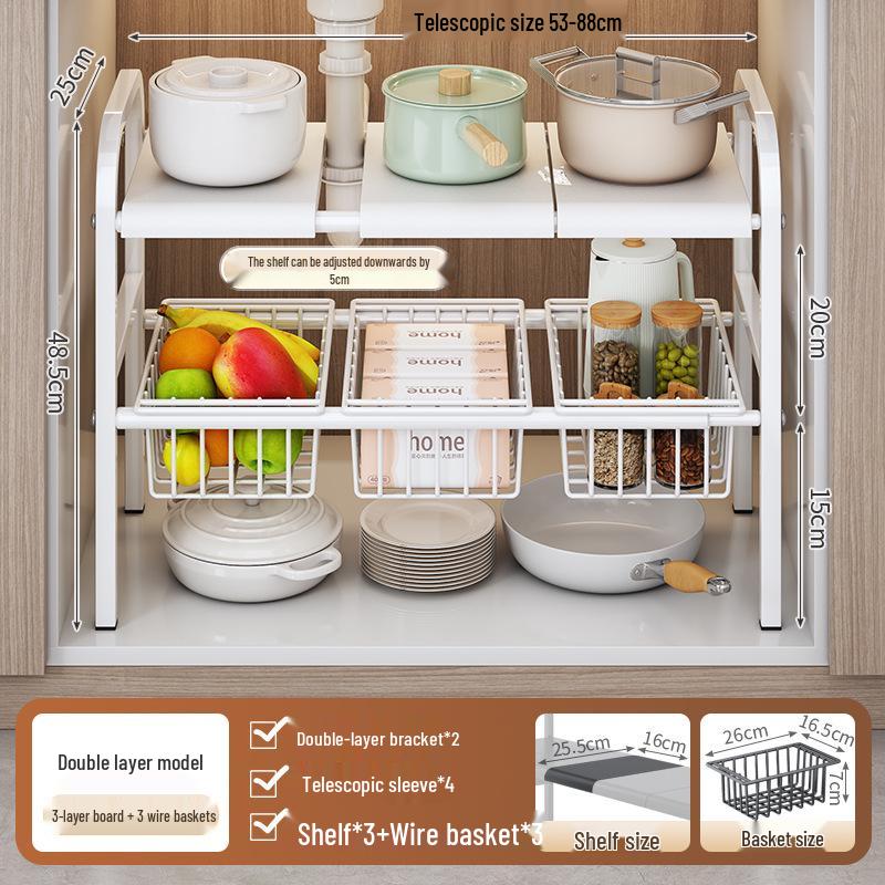 Retractable Under-Sink Tiered Shelf and Pot Storage Rack