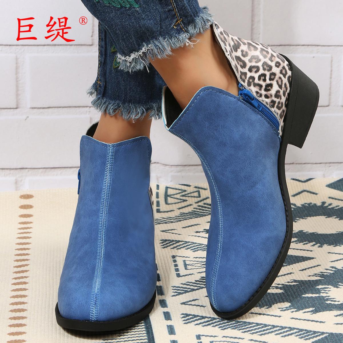 

2025 winter new Juti spot foreign trade European size short boots women, European and American color matching thick heel round head women s leat 42 синий
