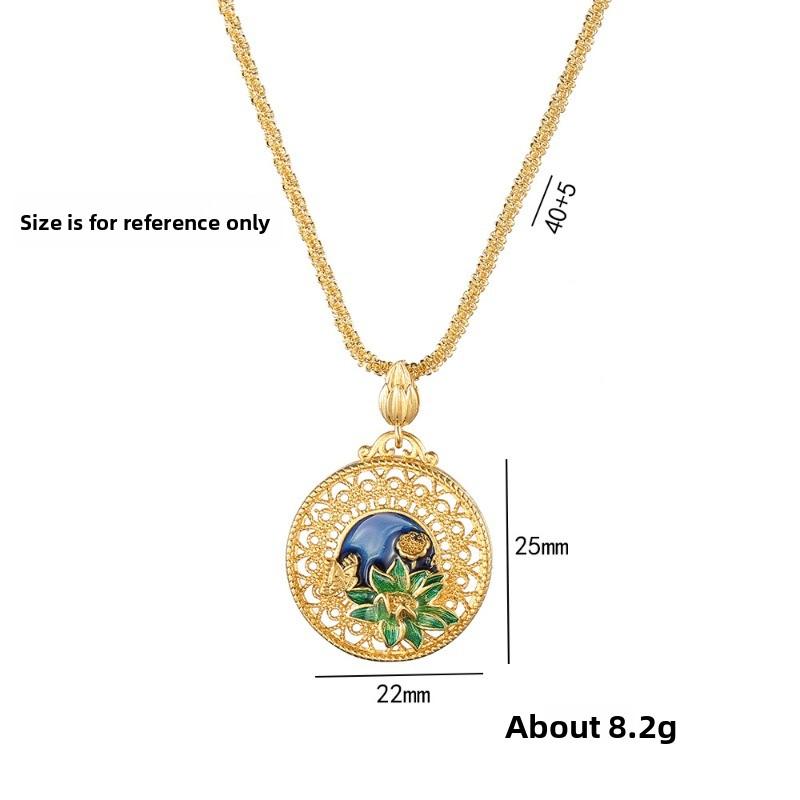 Meier Necklace - women's japanese & korean style retro enamel lotus pendant - vietnamese sand gold necklace