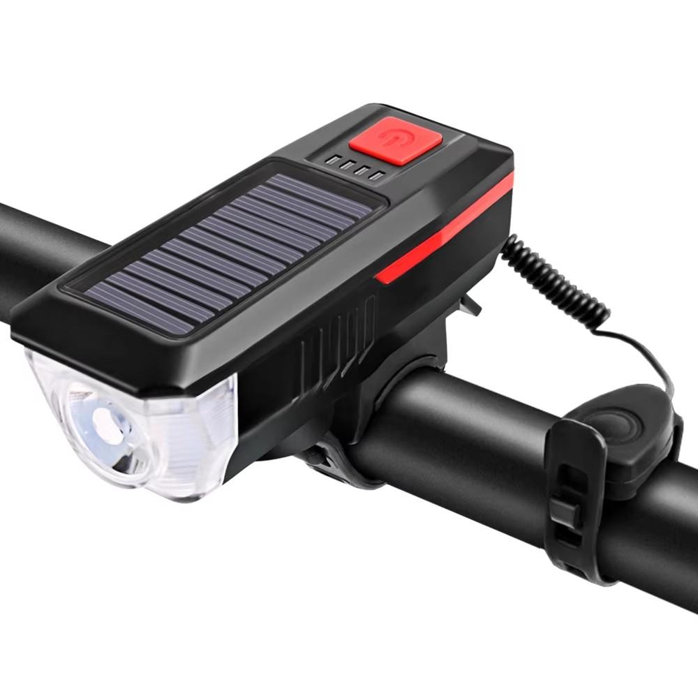 

Solar Bicycle Head Light Rechargeable MTB Road Bike Flashlight Lamp with Horn Bicycle Front Rear Light Set Cycling Accessories червоний