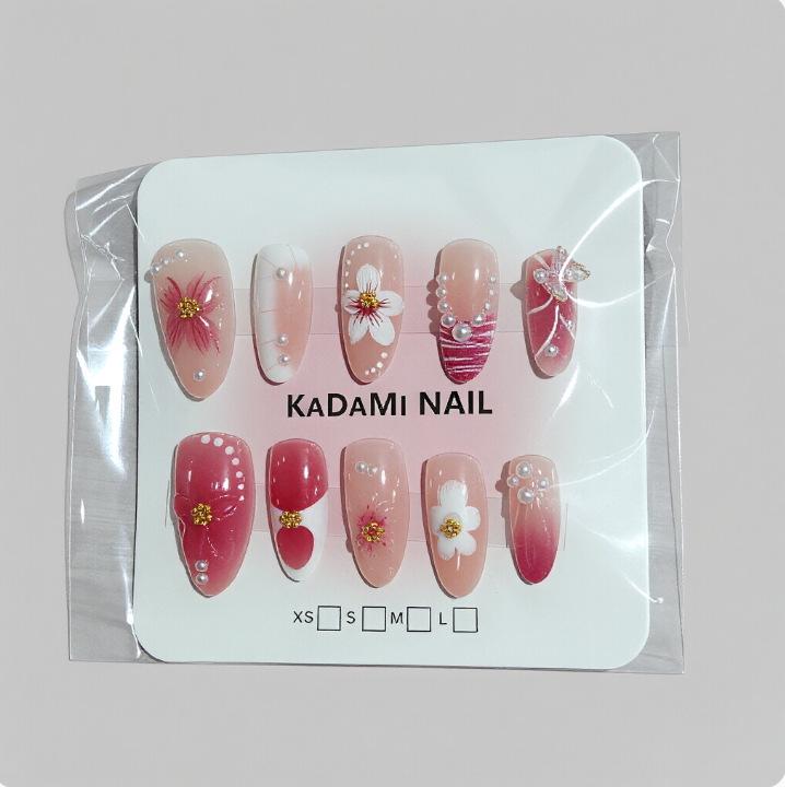 Pink French Pearl Cat Eye Embossed 3D Floral Detachable Wearable Nail Art - Elegant European & American Style