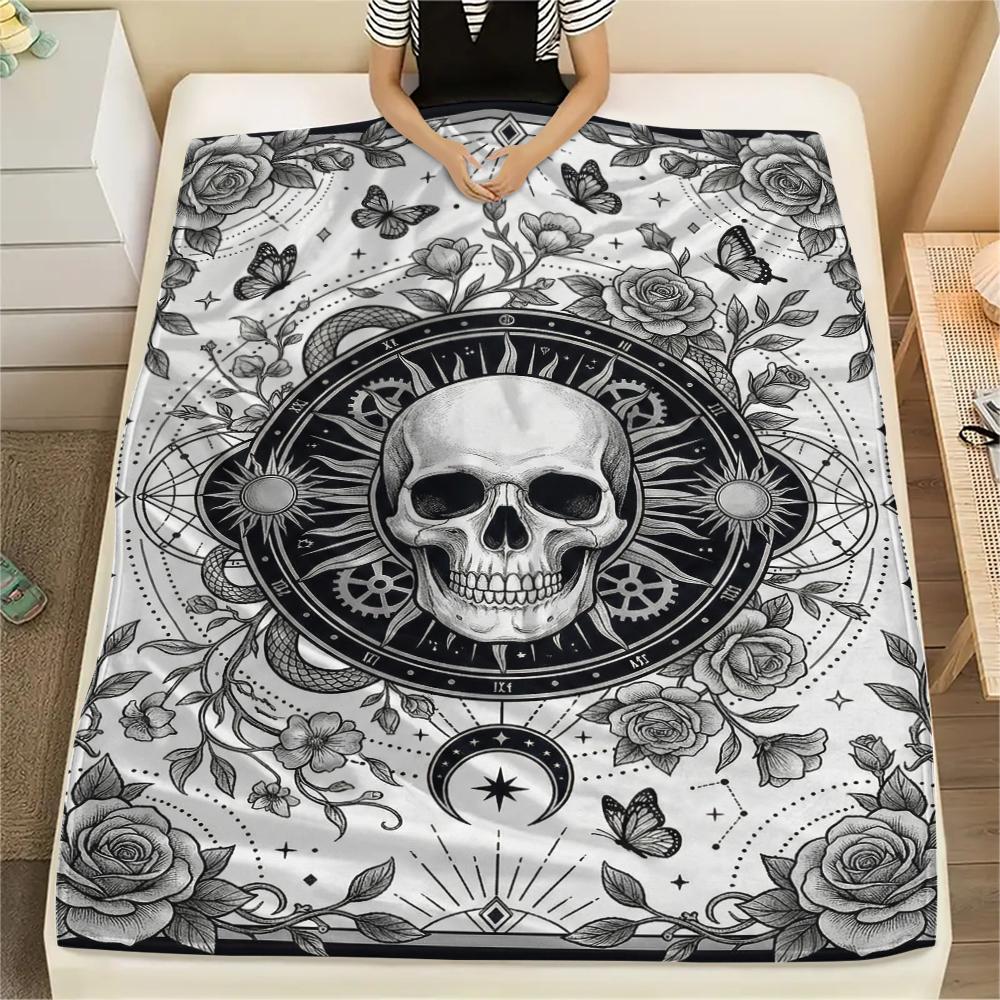 Skull Gothic Print Flannel Blanket, High Quality Comfortable for All Seasons, Home Decor, Warmth and Comfort, Perfect for Christmas Gifts102