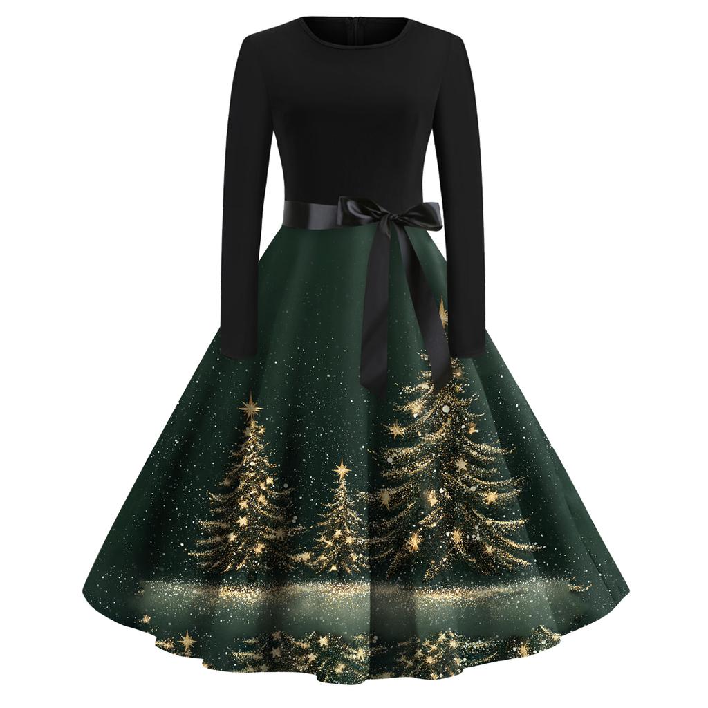 Women's Fashion Casual Round Neck Christmas Print Long Sleeve Dress