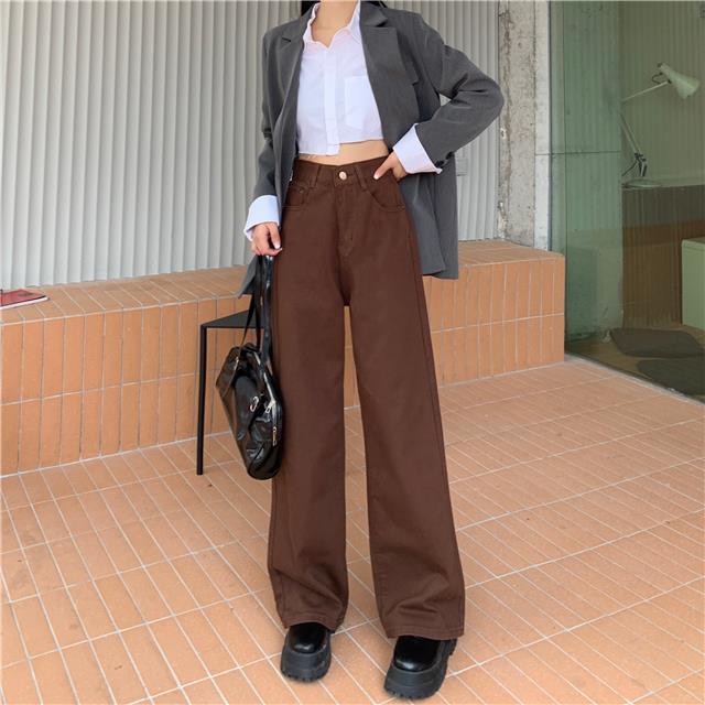 Autumn Korean Coffee Wide Leg Jeans: Women's High Waist, Slimming, Floor-Length Pants