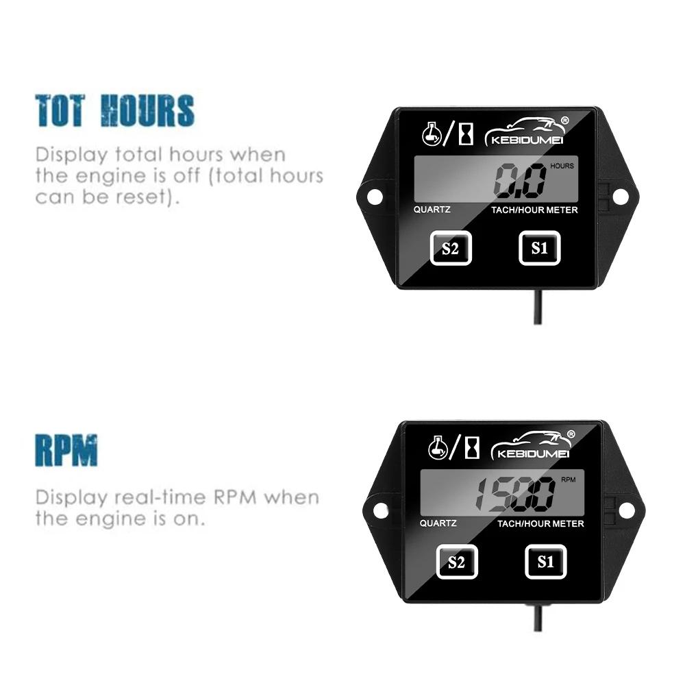 Kebidumei Motorcycle Tachometer IP65 Waterproof 0-20000 RPM Speed Gause Engine LCD Display Working Time Meter Tach Hour Meter
