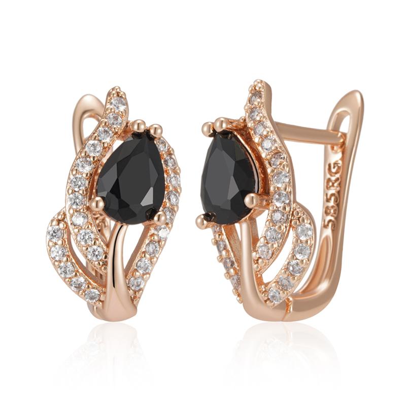 Vintage Black Stone Dangle Earrings For Women Luxury Rose Gold Color Natural Zircon Accessories Daily Fin Jewelry