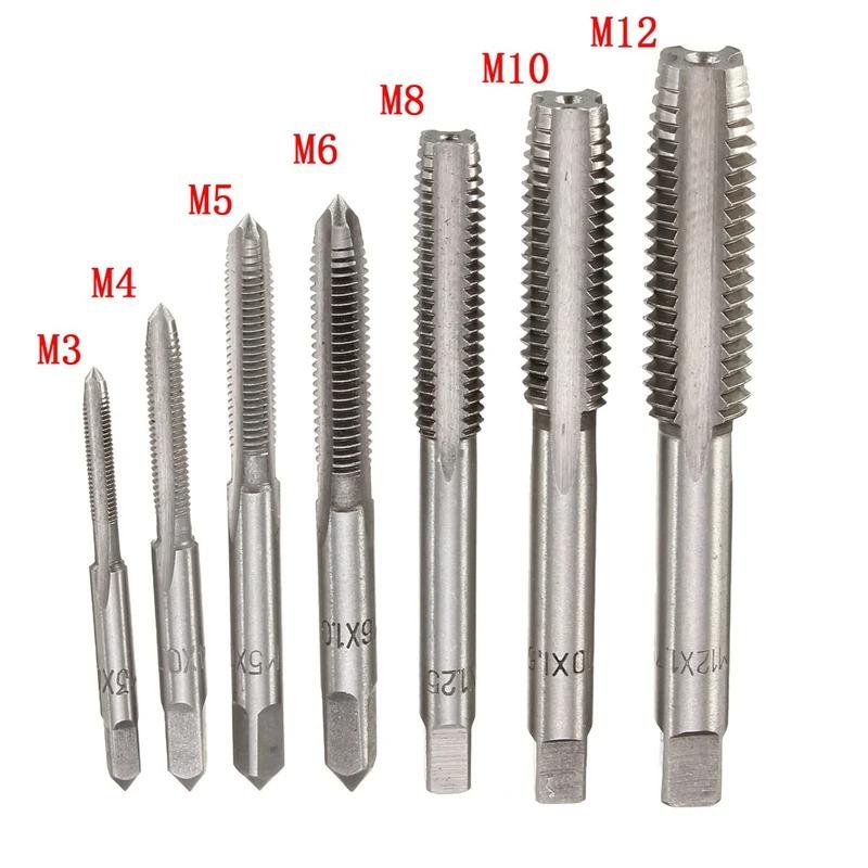 

7 in 1 Tap M3-M12 Bearing Steel Taper Hand Spiral Point Straight Fluted Screw Thread Hand Tool Metric Plug Taping Drill серый