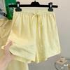 Damen lässiger Anzug aus Baumwolle-Leinen mit Perlen: Kurzarmhemd & Vielseitige Shorts