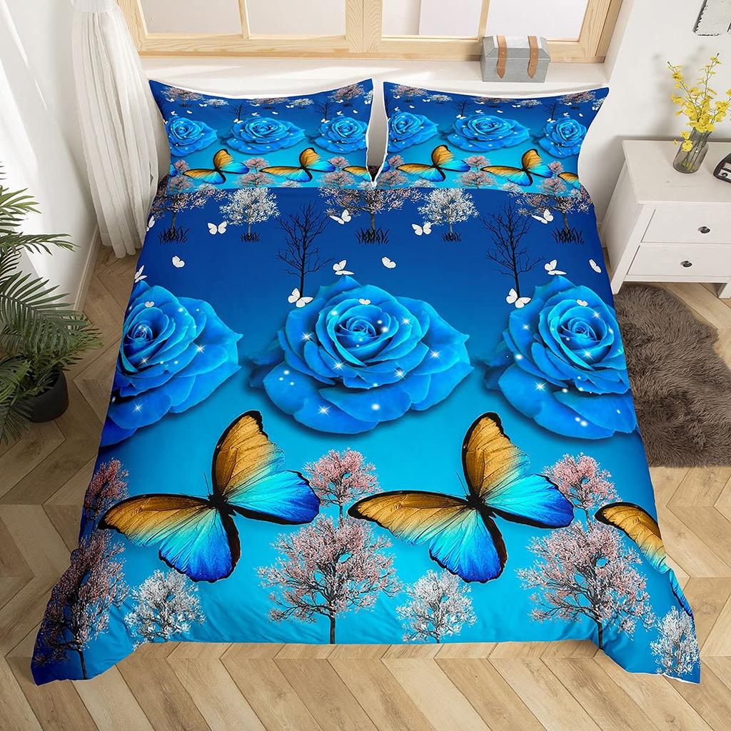 Butterfly Duvet Cover Set Twin King Size Romantic Rose Floral Bedding Set Microfiber Galaxy Comforter Cover For Girl Women Room