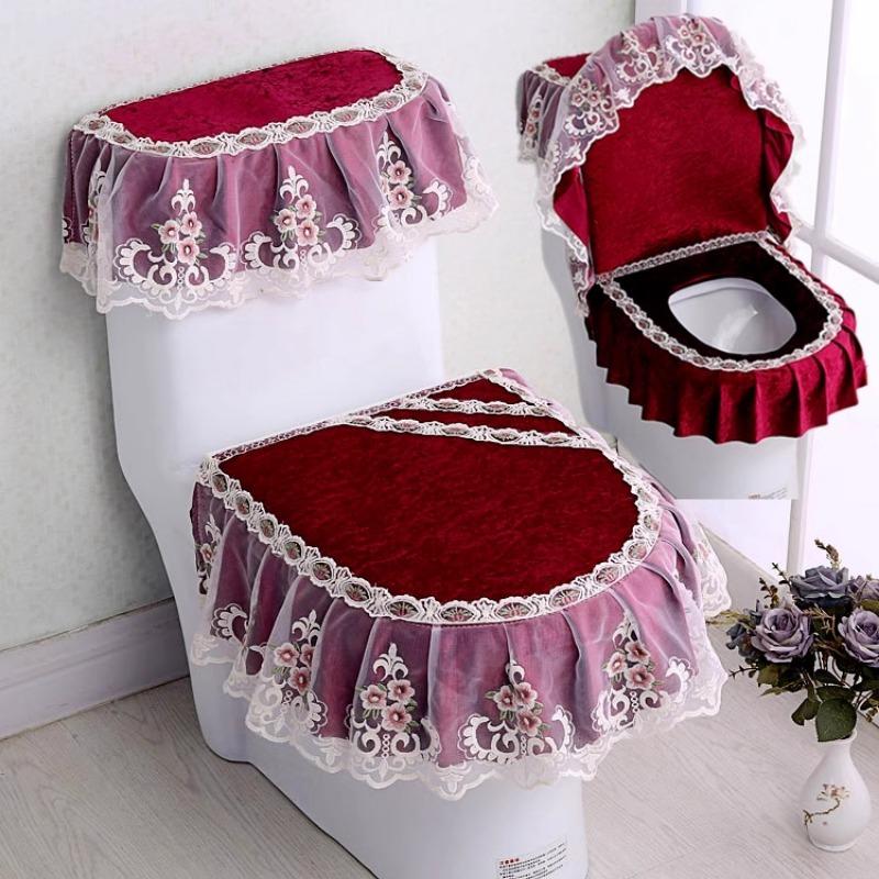3pcs/Set Lace Embroidery Detachable Toilet Cover Cloth Dustproof Soft Toilet Seat Ring Cushion Home Decoration Toilet Cover
