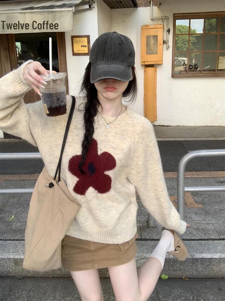 WASSUP Floral Jacquard Crewneck Knit Sweater