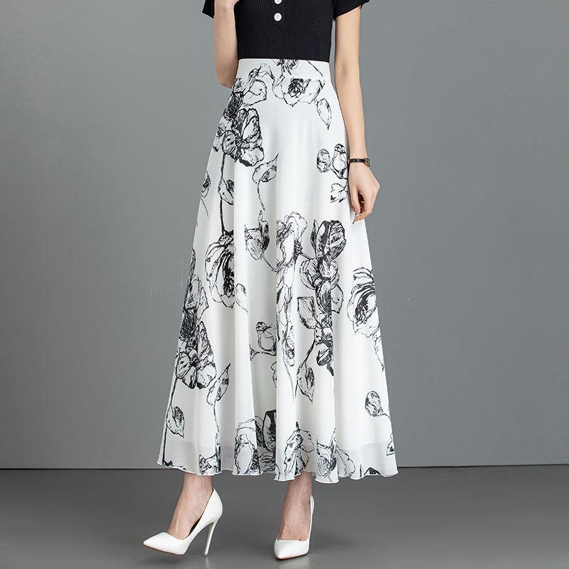 New Summer Retro Ethnic Style Ink-print Chiffon Skirt Women's Long Skirt High Waist A-line Skirt