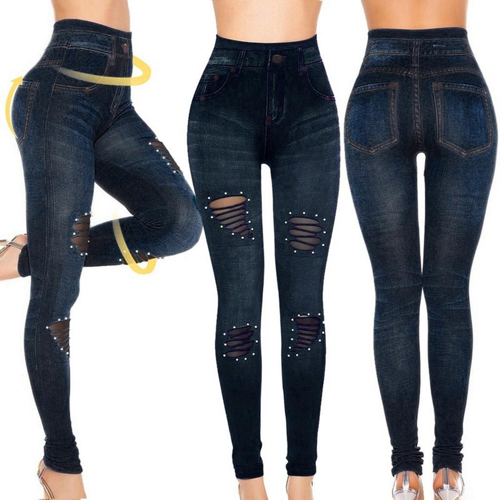Women's Stretchy Skinny Print Jeggings Lmitation Jeans Seamless Ninth Pants