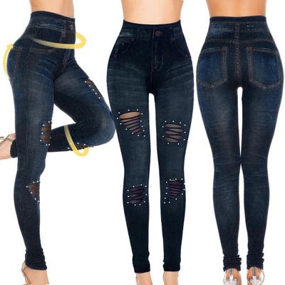 Women's Stretchy Skinny Print Jeggings Lmitation Jeans Seamless Ninth Pants