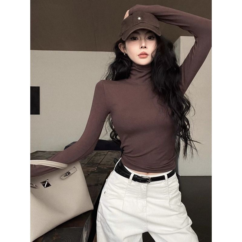 Black with High Collar Autumn and Winter Sexy Slim Fit Long-Sleeved T-shirt