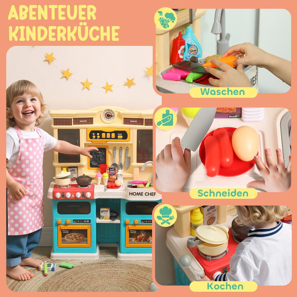 Cocina de Juguete con Agua Corriente, 85 Piezas de Accesorios, Grifo Eléctrico, Luces, Sonidos, para Niños de 3 a 6 Años, Plástico, Verde