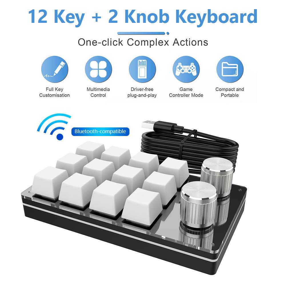 12 Key 2 Knob Programming Macro Knob Keyboard Bluetooth/Wired One Handed Mechanical Game Keypad Hotswap Red Switch for Designers