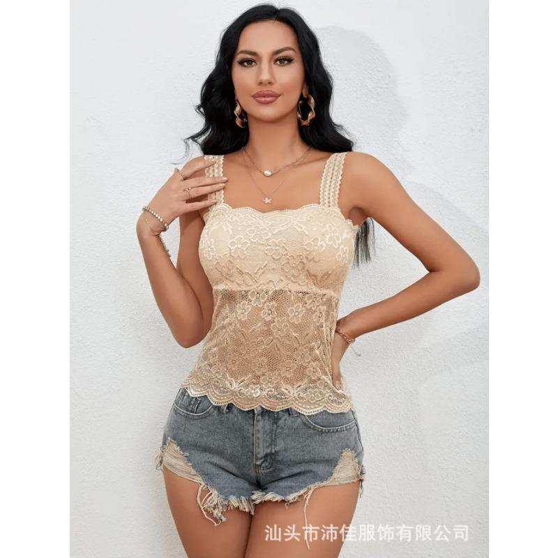 Women's Black Lace Scallop Trim Cami  Solid Sleeveless Fitted Camisole Casual Elegant Tank Solid color Daily Wear