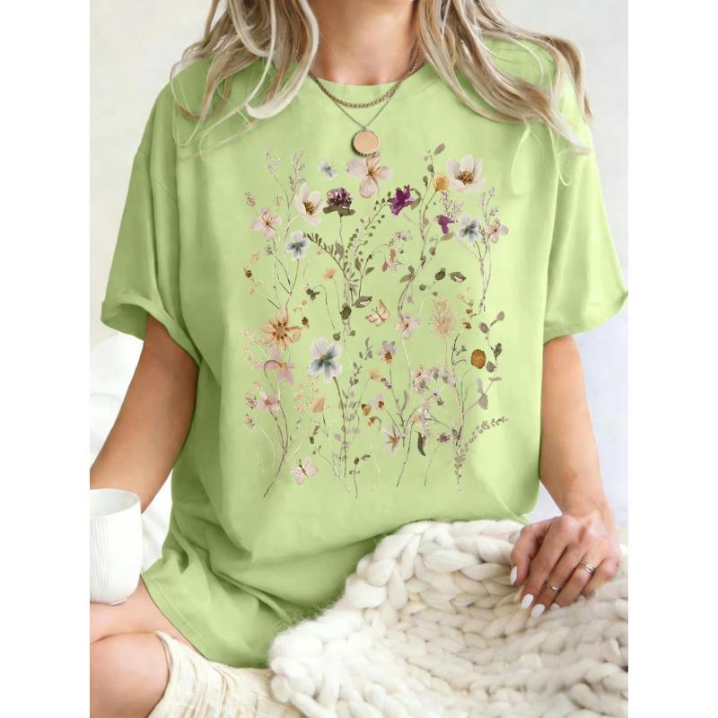 T-shirt da Donna con Stampa di Bellissimi Grappoli di Fiori Estate Oversize Manica Corta Girocollo Magliette in Cotone Y2K Top Sportivi Donna
