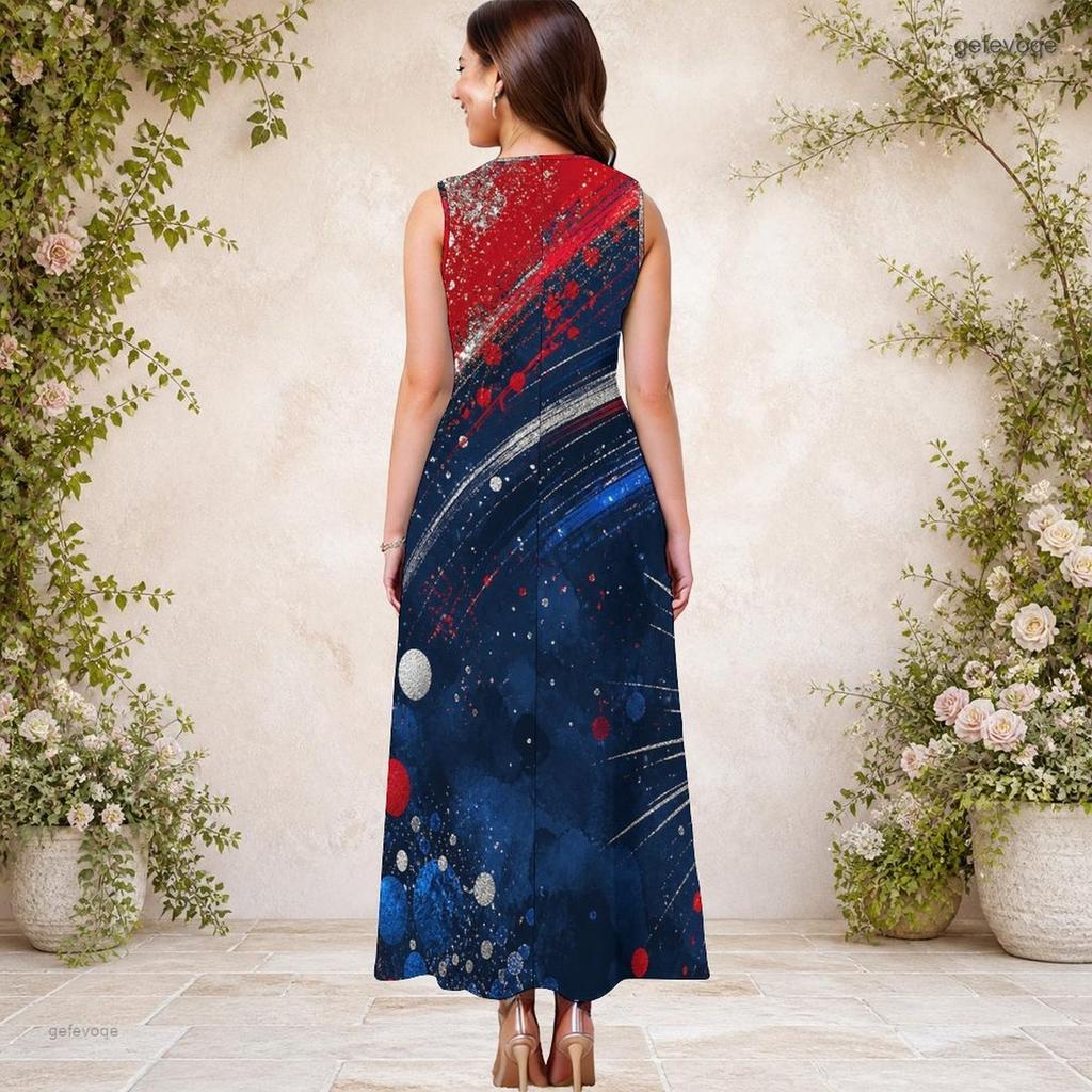 Women Plus Size Keyhole Neck Sleeveless Star Printed A Line Long Dress Red Blue White