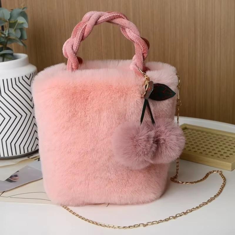 

Women s Plush Shoulder Bag, Cute Mini Fluffy Crossbody Bag with Cherry Pendant and Pompom, Fashion Casual Daily Small Handbag рожевий