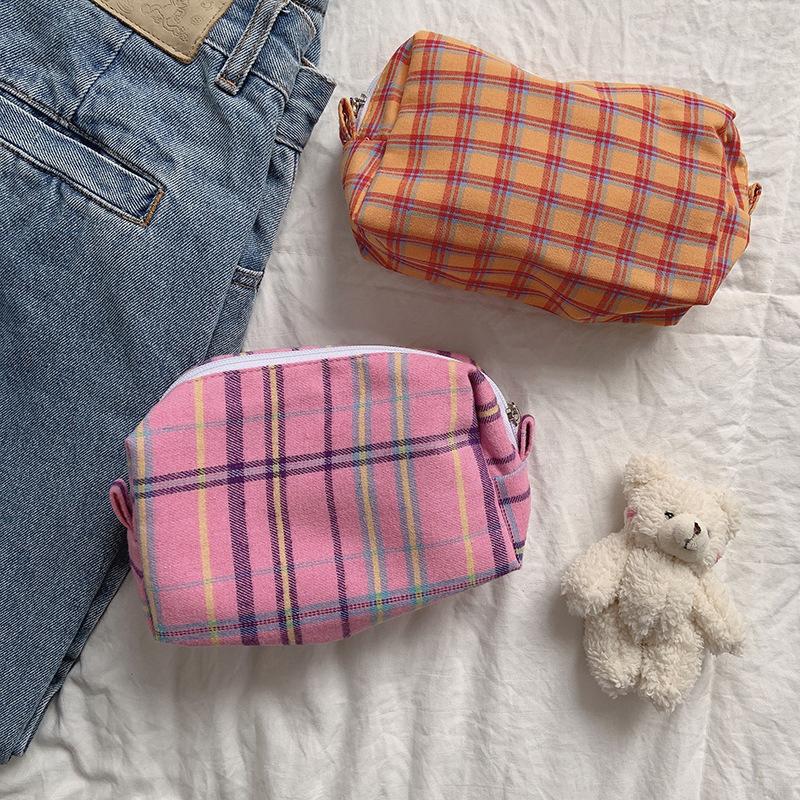 Sweet Cute Color Retro Plaid Cosmetic Bags Pencil Case Large Capacity Portable Girly Storage Bags Makeup Pouch Toiletry Bag Gift