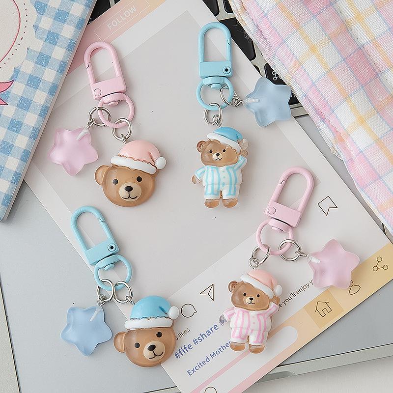 Cute Pajama Bear Keychain Kawaii Resin Teddy Key Chain With Star Charm For Girls Bag Purse Decoration