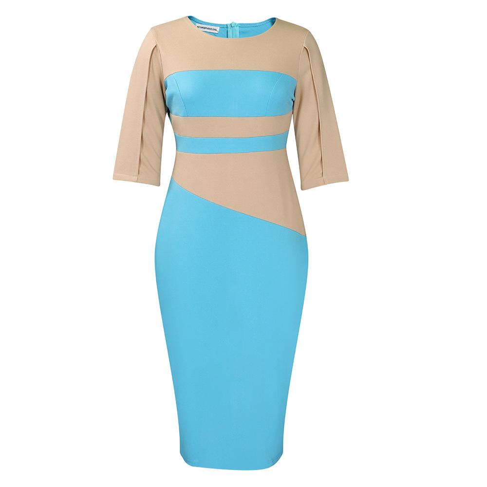 Large Size Women Spring Autumn Fashion Patchwork Dress Ladies One Piece Medium Sleeves Slit Sheath Dress