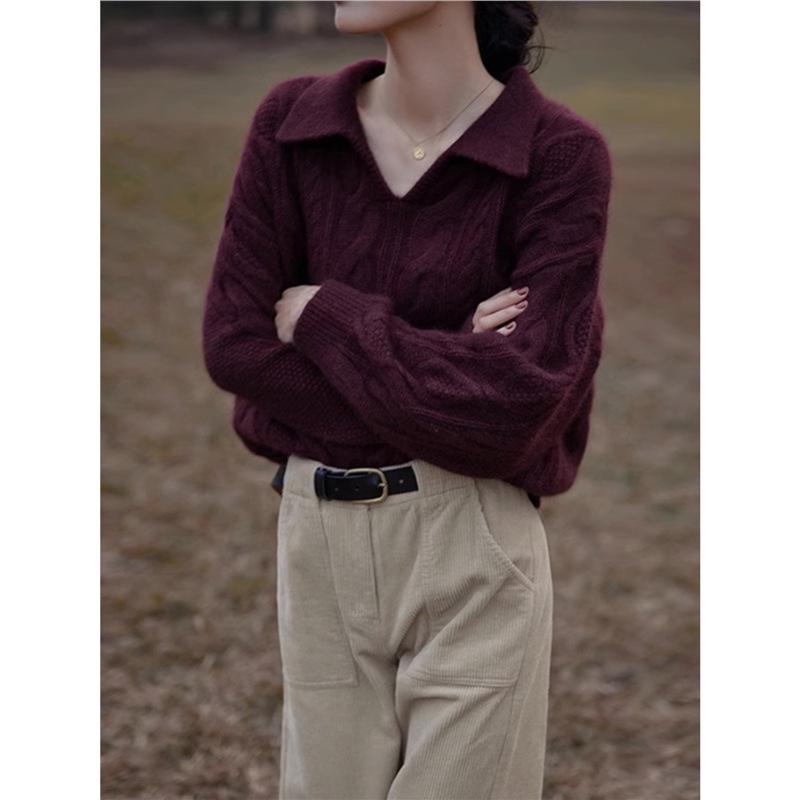 Blue Women's Wool Pullover Sweater - Soft, Comfortable, Lazy Style with Hemp Twist Collar