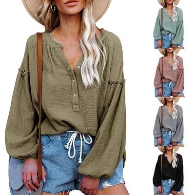 Frühling Herbst Damenmode Laterne Ärmel T-Shirt lose Baumwolle Casual Top
