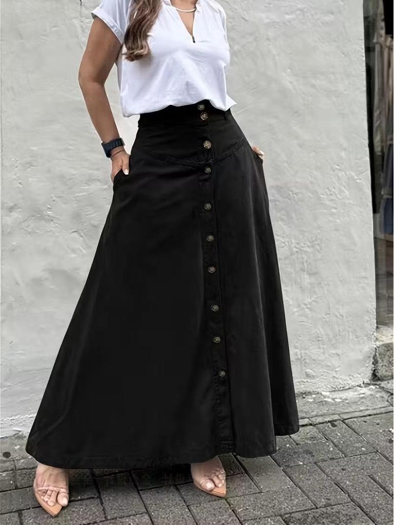 Women's Elegant High-Waisted A-line Skirt with Buttoned Front Slit and Pockets