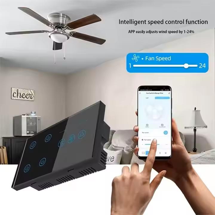 147*86MM Touch Glass & PC Panel Smart Life WiFi 4 Gang Wall Switch and Fan Speed Control Compatible with Alexa Google Home
