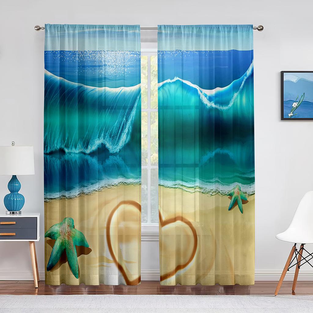 Ocean Summer Beach Sunlight Seawater Tulle In Sheer Curtains for Living Room Bedroom Kitchen Window Treatment Chiffon Curtain