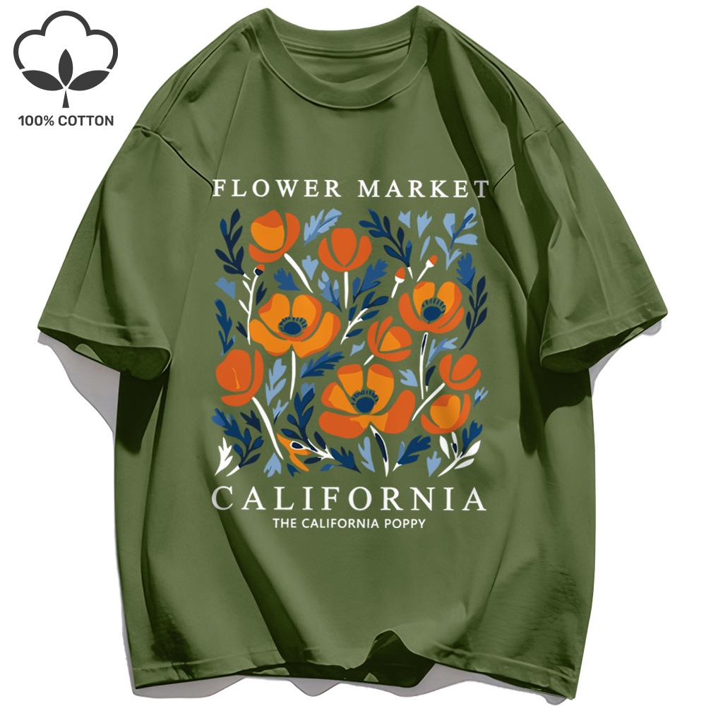 Yellow Flowers Market California Print T-Shirt Woman Soft Cotton Tee Top O-Neck Casual T Shirt Crewneck Sports Short Sleeve