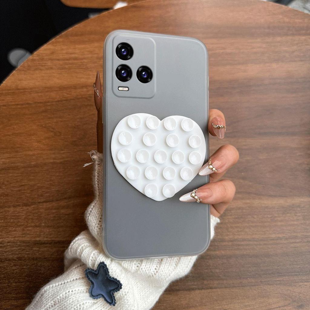 Heart Shape Suction Cup Phone Case for Vivo Y33T,Y33s,Y21T,Y21s,Y21 Semi Transparent Matte Shockproof Soft TPU Cover