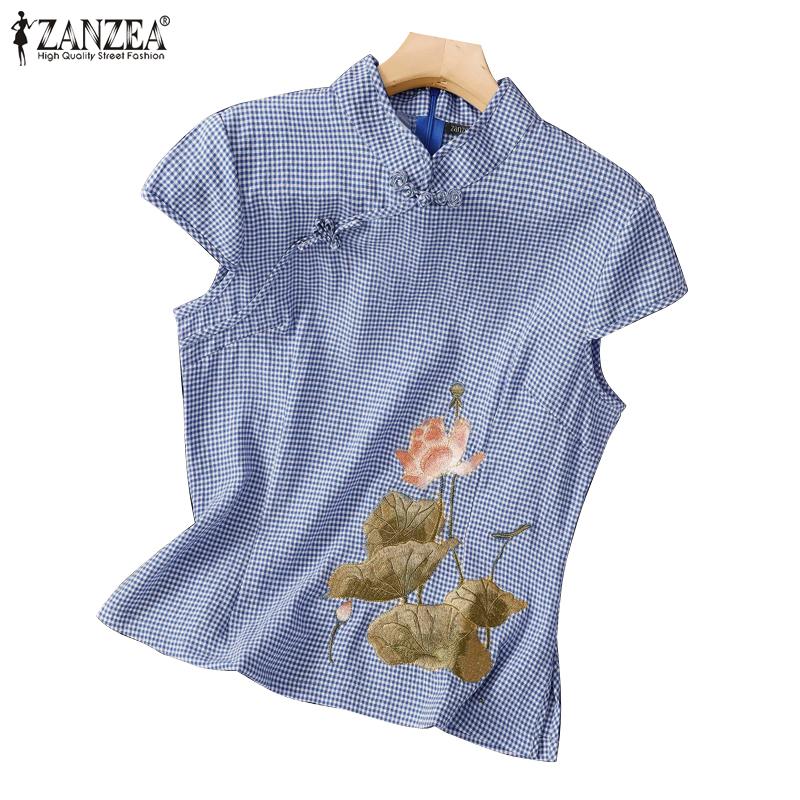 

ZANZEA Женская летняя блузка с воротником-стойкой и рукавами в клетку с принтом, топы