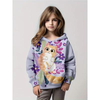 Sudaderas Gatito Lindo Estampado de Flores Sudadera para Niñas Elástica Ajuste Cómodo Manga Larga Otoño Invierno Prendas de Punto para Jóvenes Niños