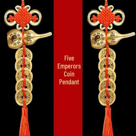 Hand-Woven Brass Five Emperors Coin Pendant with Small Gourd and Chinese Knot for Home Decoration